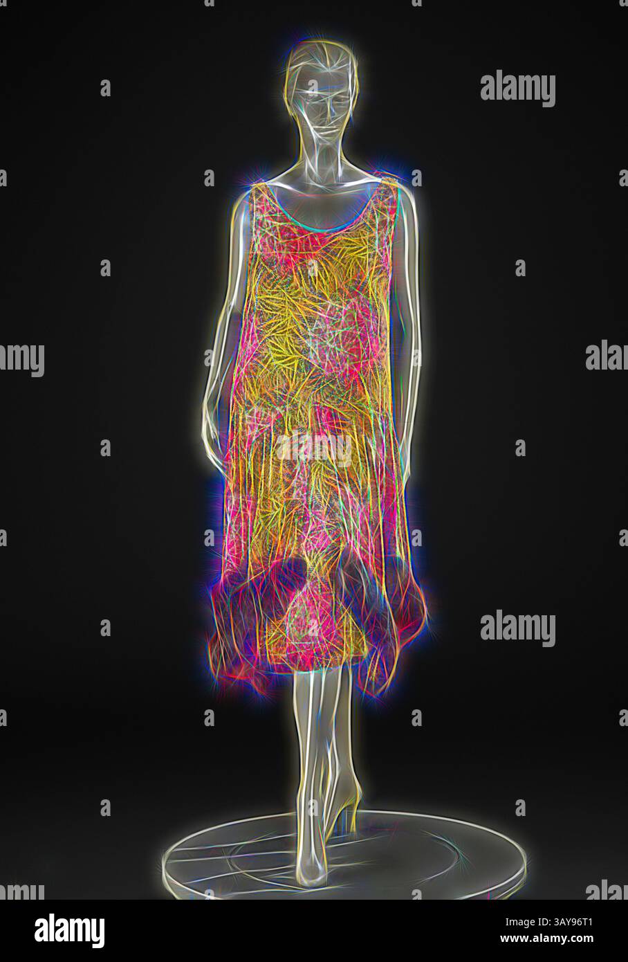 A stylish mannequin models a vibrant, floral-patterned dress, showcasing a blend of colors with a glowing, ethereal outline that enhances the design's playful and chic aesthetic., evening dress, Unknown, early 1920s, silk velvet, silk chiffon, fur, A) dress: center back 41 in., center front 37 in., bust 33 in., waist 36 in., hips 39 in., shoulders 13 in. B) ribbon: 33 x 1 in., American, Textile and Fashion Arts, Classic art with a modern twist reimagined by Artotop Stock Photo