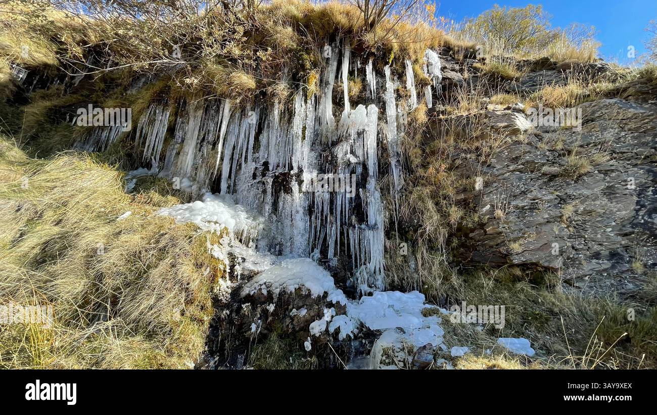 Icicles on a hillside in the Sierra Nevada, Spain in winter - Smartphone Captured Stock Image