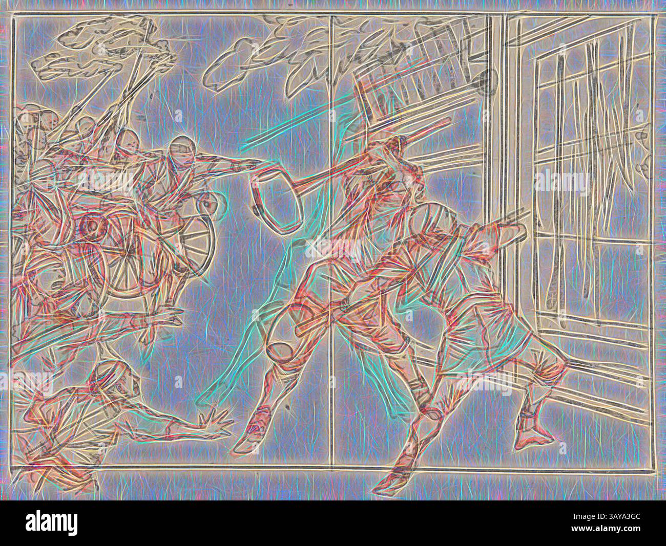 Draw Defending A dynamic scene depicting a fierce struggle, with figures in motion ...