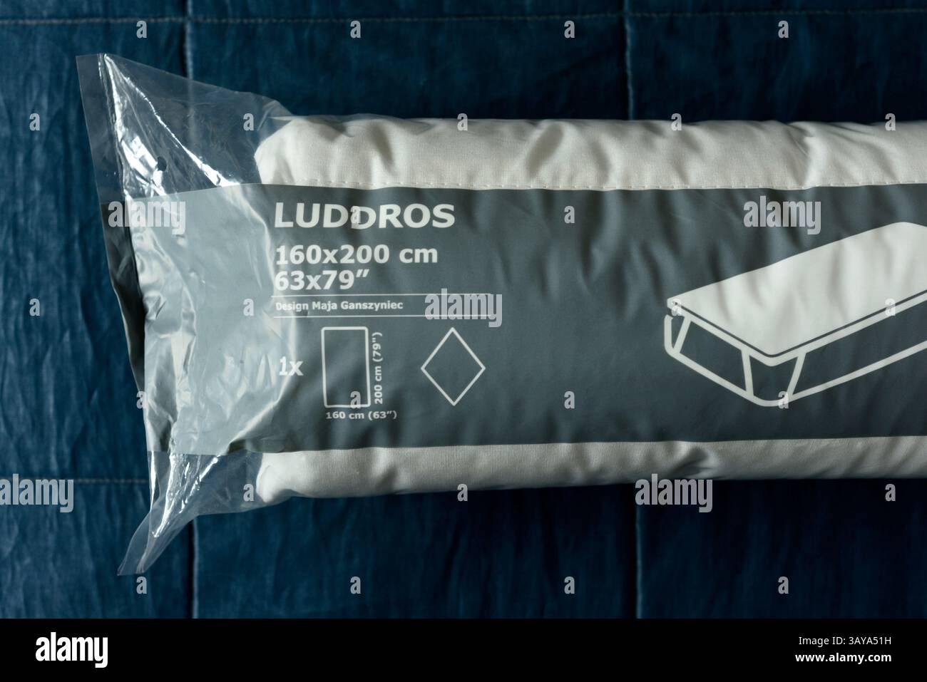 LUDDROS quilted mattress protector, packaged product IKEA, IKEA bedding, mattress protector IKEA, quilted cover Stock Photo