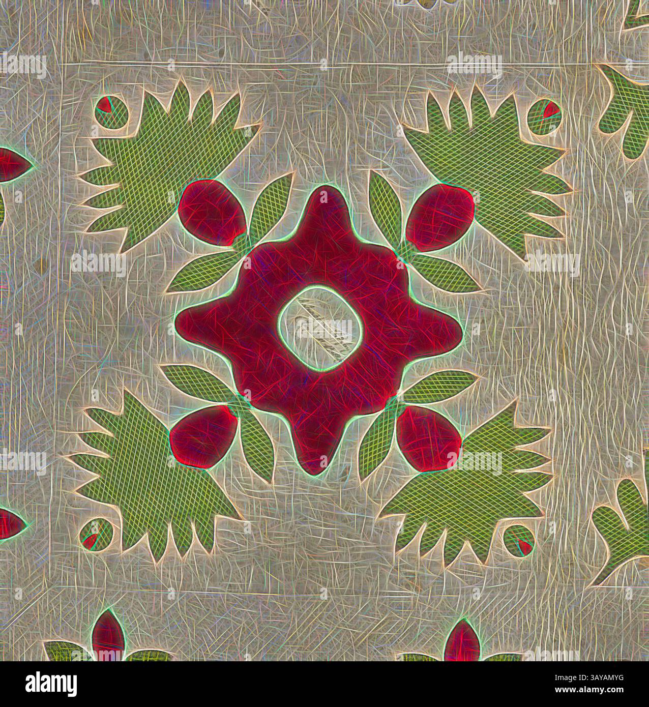 A vibrant floral pattern featuring bold red flowers and green leaves ...