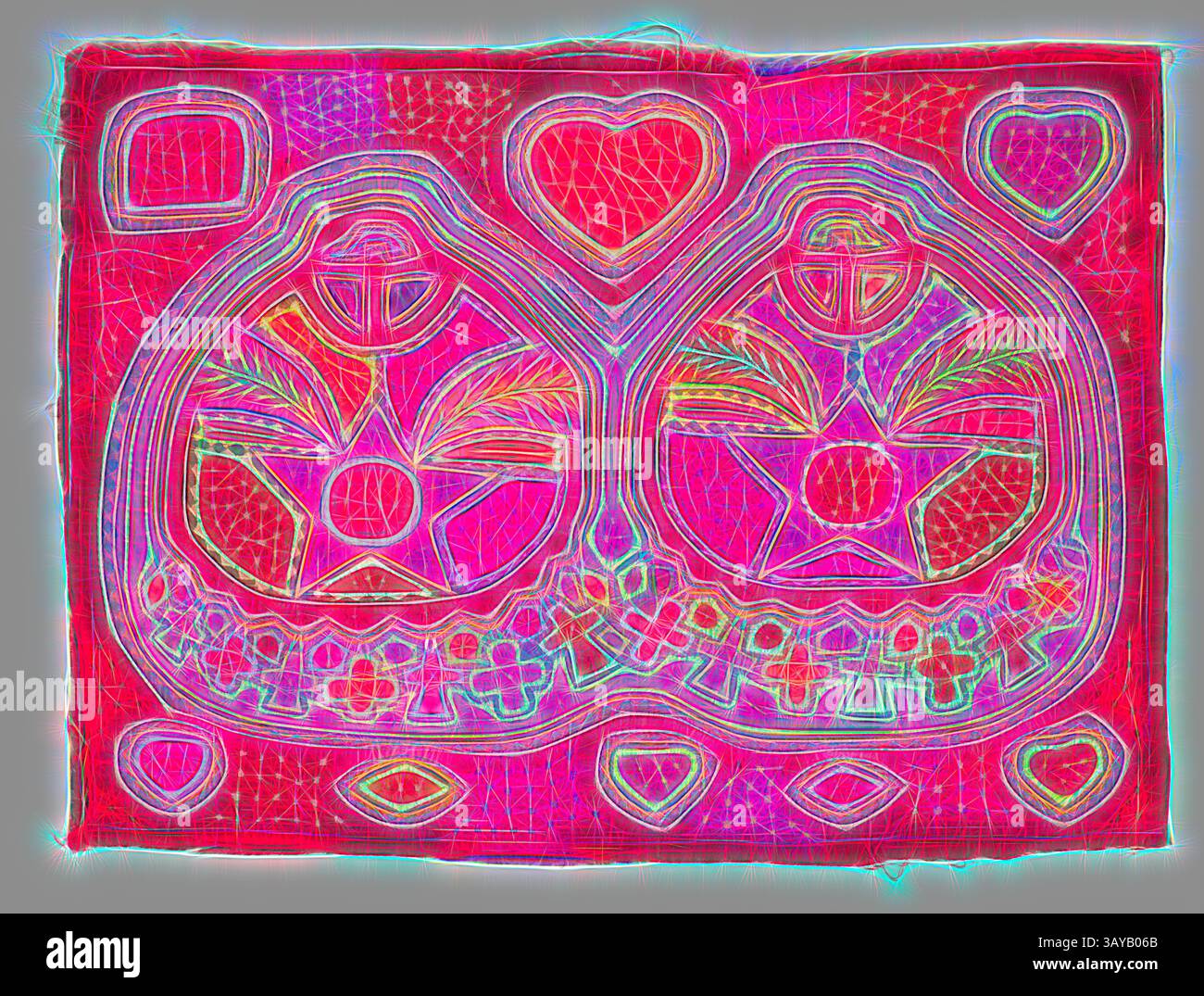 A vibrant textile design featuring two central motifs resembling hearts ...