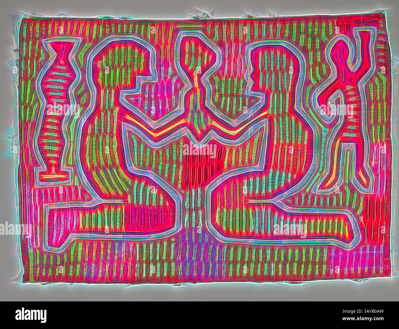 A vibrant, abstract design featuring two figures engaging in a dialogue ...