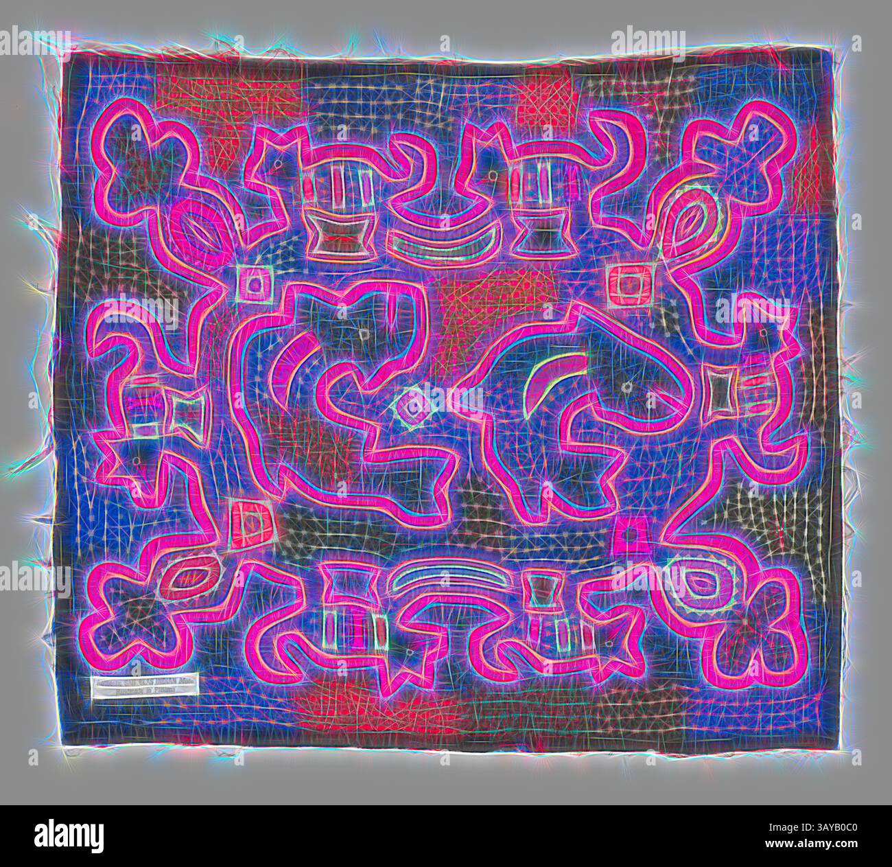 A vibrant textile featuring intricate patterns of stylized animals and ...
