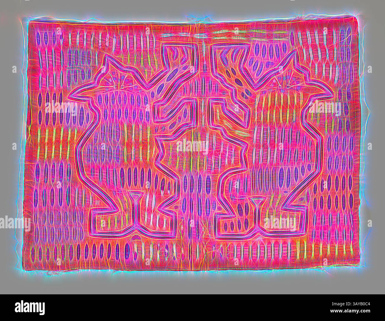 A vibrant textile featuring a symmetrical design of two stylized ...