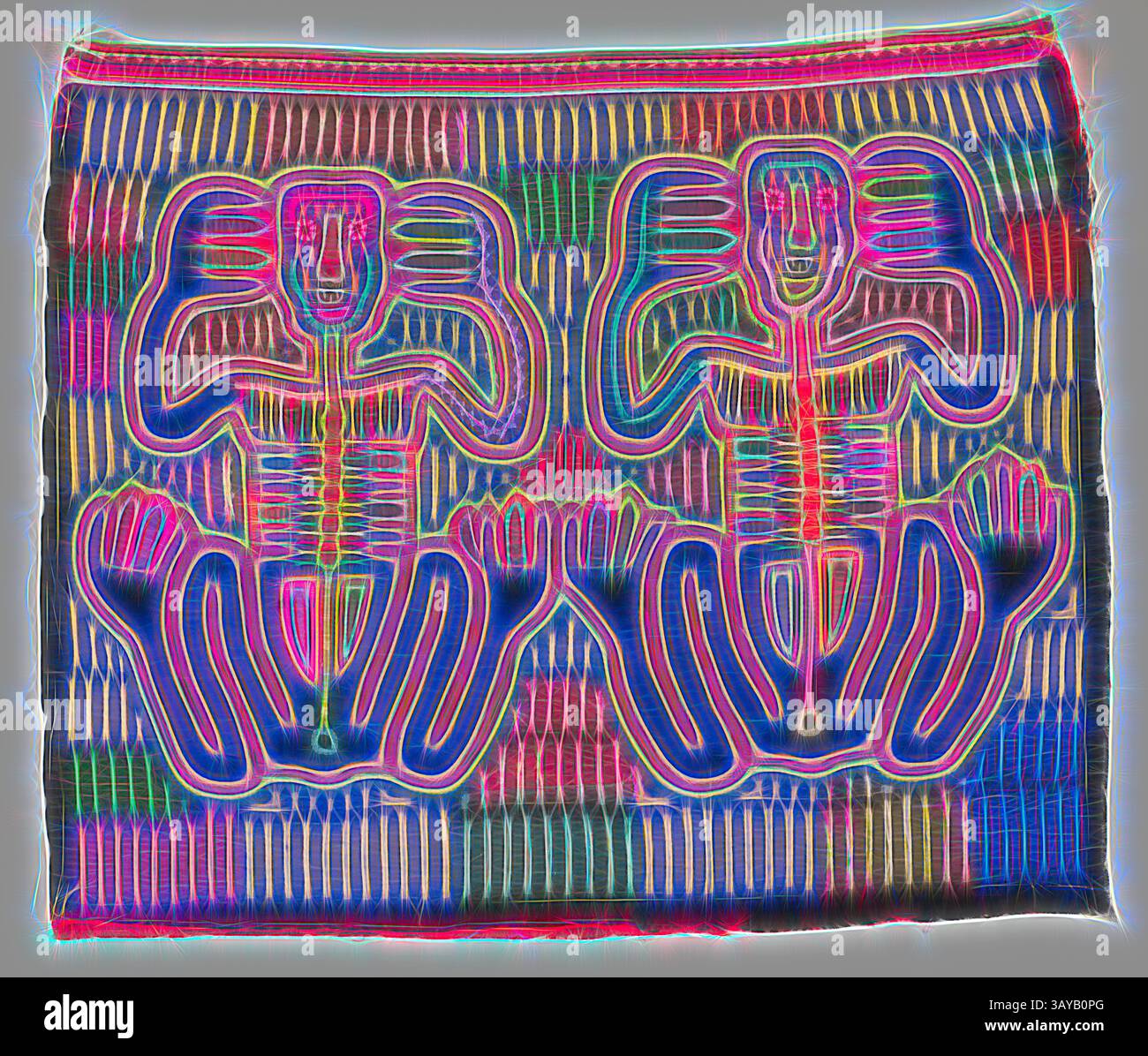 A vibrant, abstract textile featuring two stylized figures seated with ...