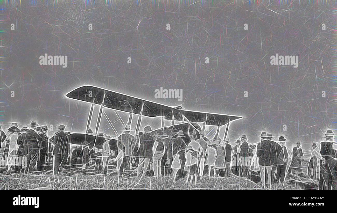 A vintage scene captures a crowd gathered around an early aircraft, with spectators dressed in period attire, showcasing curiosity and excitement during the dawn of aviation., Negative - Avro 504 Aeroplane, Isisford, Queensland, 1920, A group of bystanders looking at an aircraft The aircraft is an Avro 504., Classic art with a modern twist reimagined by Artotop Stock Photo