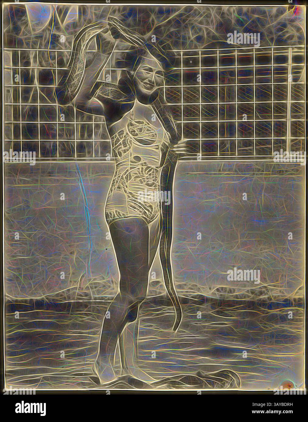 A woman stands confidently in a swimsuit, gracefully holding a long snake above her head. The background features a grid pattern, suggesting a poolside setting. The atmosphere evokes a sense of daring and adventure., Photograph - Bernice Kopple, in Swimsuit with Python, Adelaide, Australia, 1951., Photograph of Bernice Kopple, full-length, in a one-piece patterned swimsuit standing with a python draped aorund her neck and other snakes at her feet in an animal outdoor enclosure, at Adelaide Sanctuary, in 1951. In the 1950s and 1960s Bernice Kopple worked as a fashion photographic model and as a Stock Photo