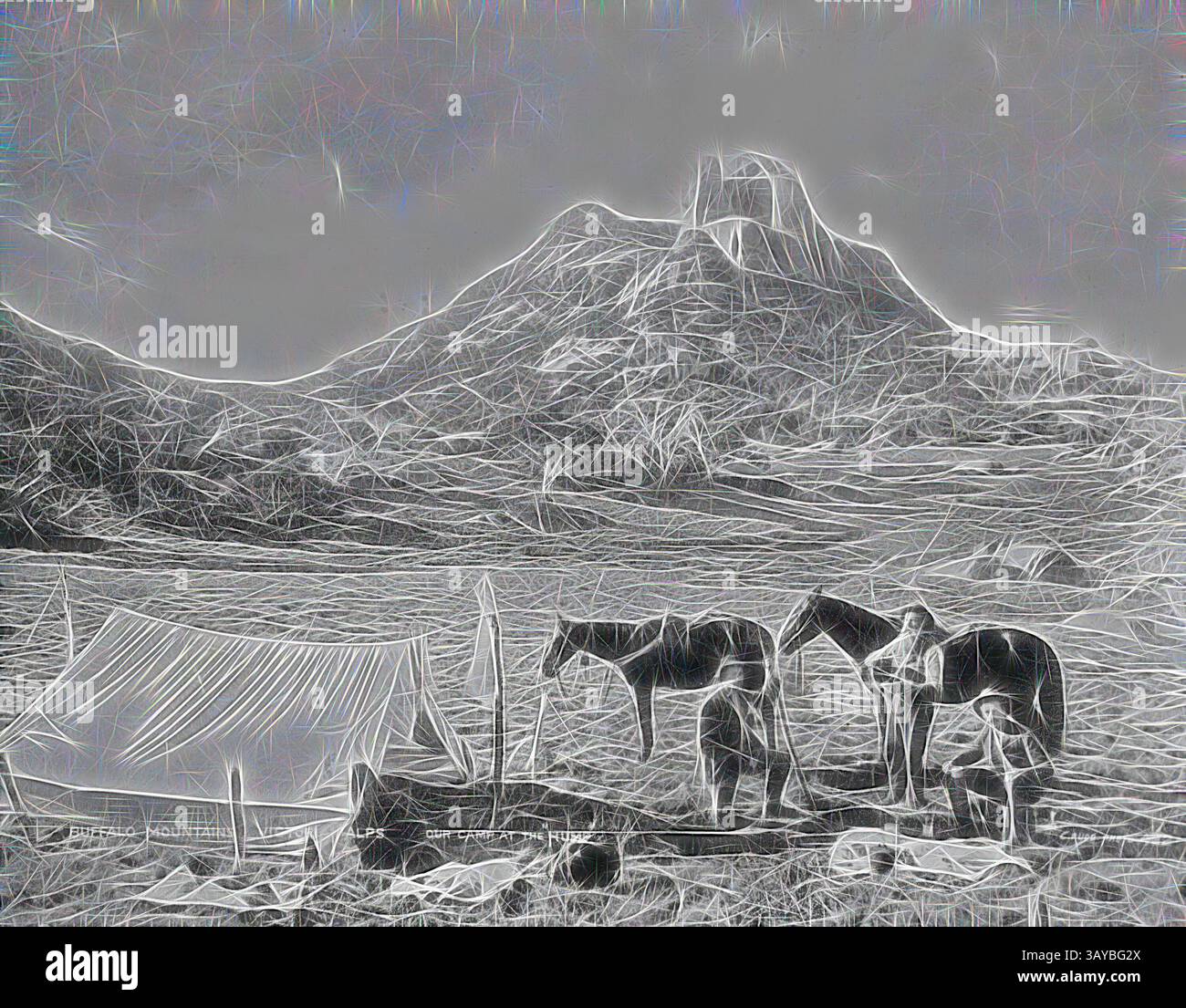 A serene mountainous landscape features a small campsite, complete with a tent and two horses. Two figures attend to their gear, surrounded by an expansive view of rugged terrain and towering peaks in the distance., Negative - Mount Buffalo, Victoria, circa 1895, Three men and two horses by a tent on Mount Buffalo., Classic art with a modern twist reimagined by Artotop Stock Photo