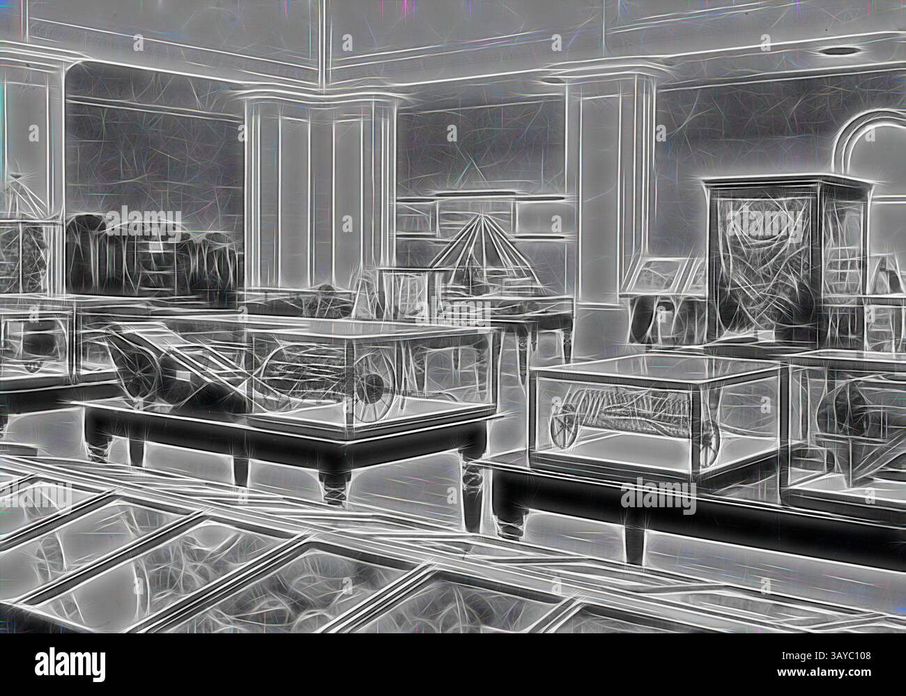 A spacious interior featuring various display cases filled with intricate artifacts, showcasing an array of historical items. The environment is elegantly designed, with tall columns and a polished floor reflecting the surrounding exhibits., Copy Negative - Interior View of the Industrial & Technological Museum, Melbourne, 1870, Copy of photographic negative showing interior of the new Industrial and Technological Museum (Science Museum) in 1870. The Museum was established in 1870 under Cosmo Newberry, with the initial purpose of educating novice gold-seekers on gold-mining techniques. From Stock Photo