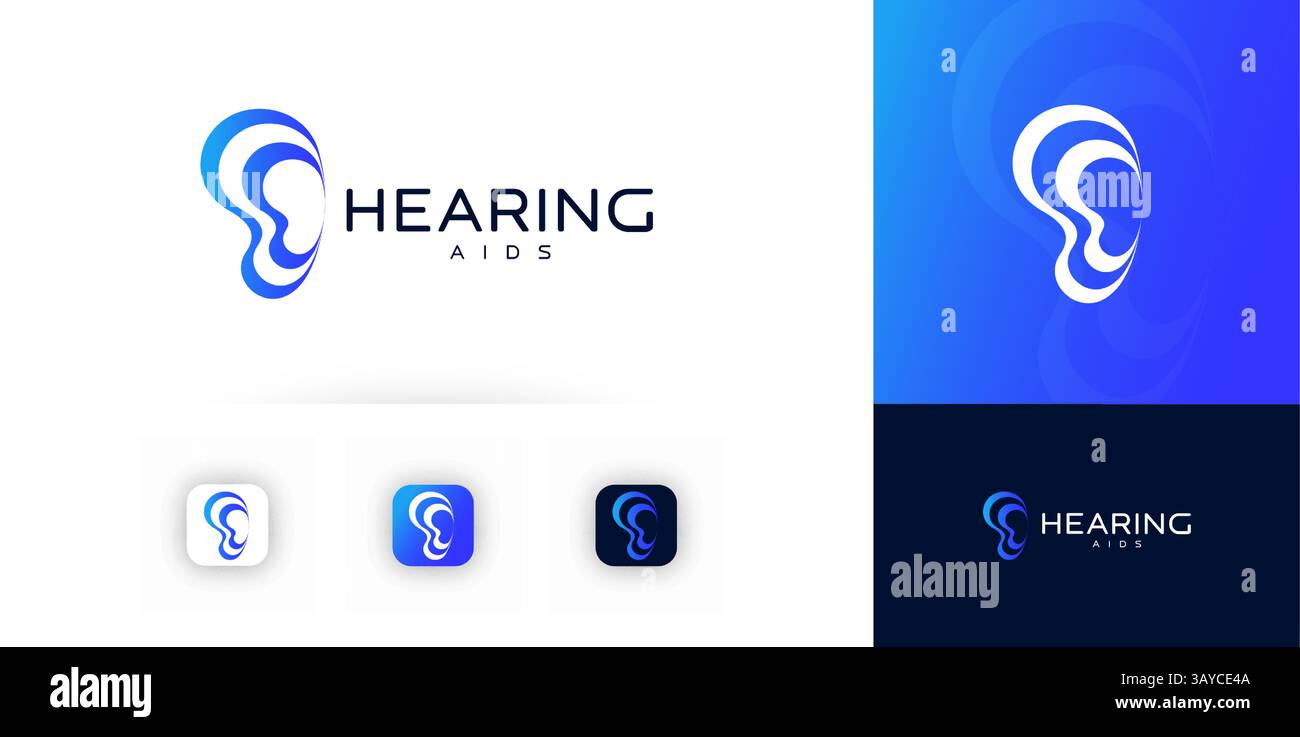 Hearing aids logo, ear icon with abstract sound waves. Medical ...