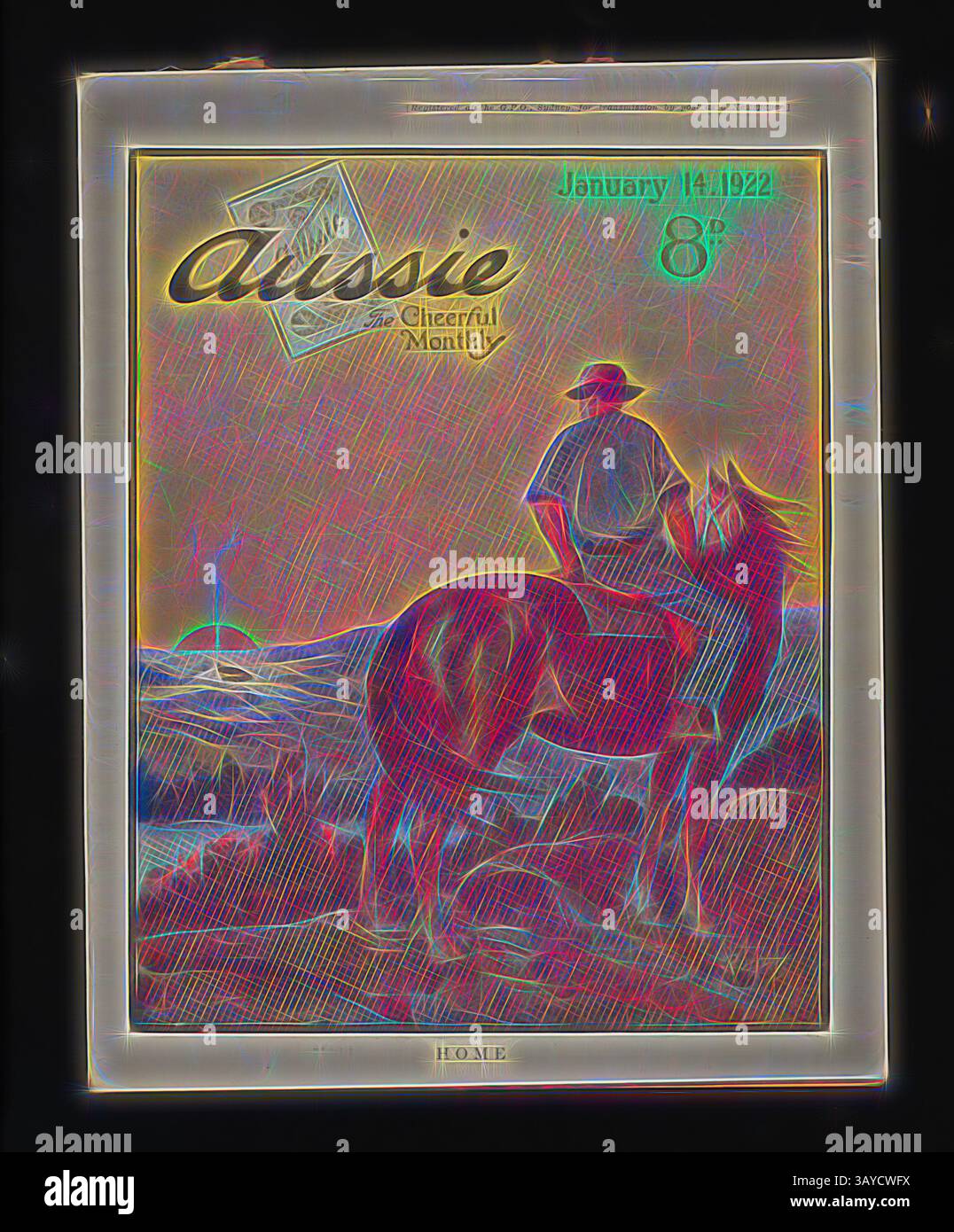 A nostalgic magazine cover from January 1922 featuring a figure on horseback, gazing over a serene landscape, symbolizing adventure and the spirit of the Australian outback. The title 'Aussie' suggests a connection to Australian culture and life., Magazine - 'Aussie', No. 35, 14 Jan 1922, Issue no. 35, 14 January 1921, of post-World War I publication 'Aussie', 'The Cheerful Monthly'. One of a collection of copies of 'Aussie' magazines in Museum Victoria's collection dated 5 June 1918 - 15 January 1929. 'Aussie' (1918- circa 1929) was a commercial magazine of opinion, review and entertainment Stock Photo
