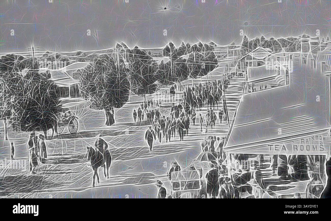 A bustling street scene filled with people walking among shops and trees, with a prominent tea room sign visible. The atmosphere reflects a lively community, capturing a moment of everyday life., Negative - Parade of Troops Returning after World War I, Rainbow, Victoria, pre 1920, Parade of troops returning after World War I. The Rainbow Tea Rooms are on the right., Classic art with a modern twist reimagined by Artotop Stock Photo