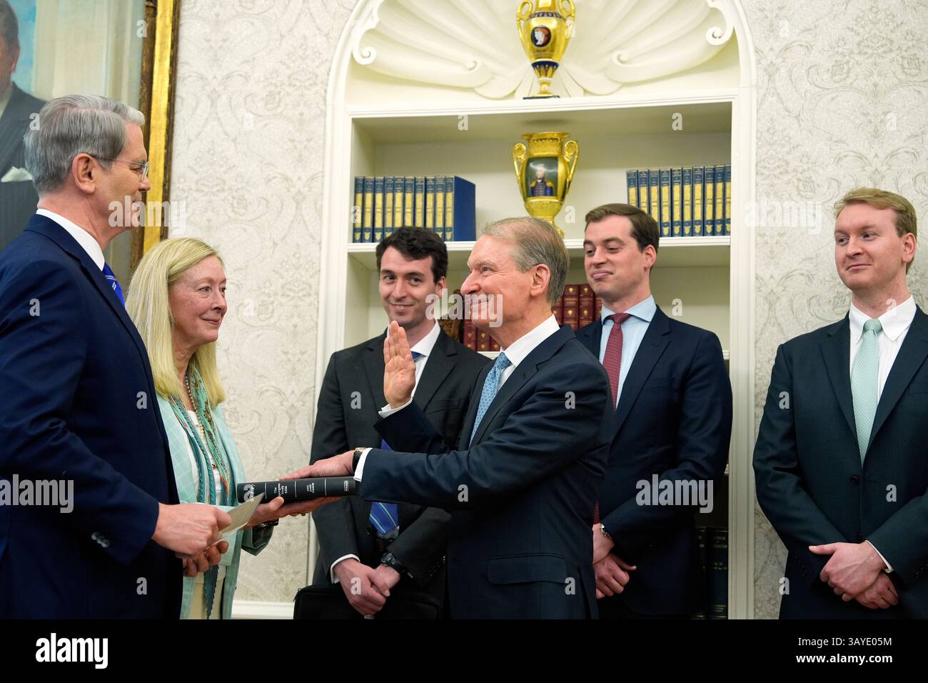 Treasury Secretary Scott Bessent performs a ceremonial swearing in of ...
