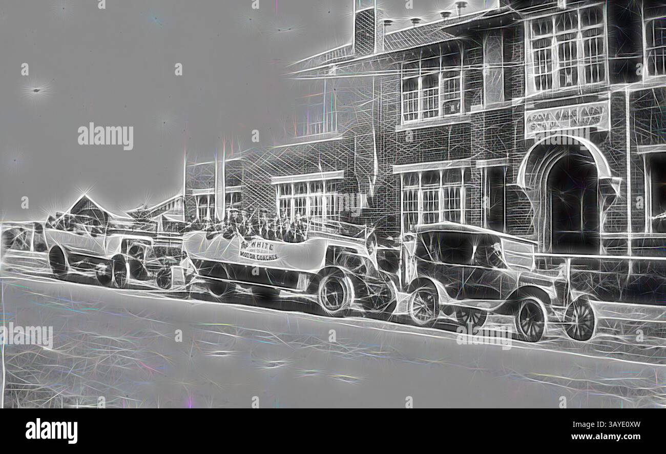 A row of vintage vehicles, including classic cars and a boat, lined up ...
