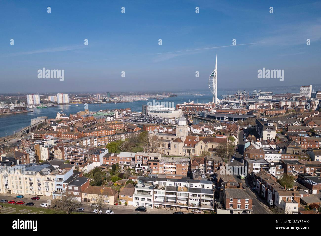 Aerial view of Portsmouth Cathedral Old Portsmouth and the Spinnaker Tower in Portsmouth harbour, Hampshire, UK. Stock Photo