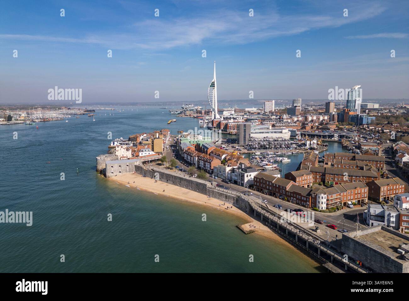 Aerial view of Hotwalls Beach, the City Walls and the Spinnaker Tower in Portsmouth harbour, Hampshire, UK. Stock Photo