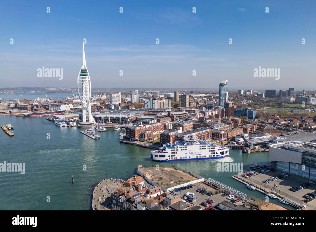 Aerial view of the Spinnaker Tower in Portsmouth harbour, Hampshire, UK. Stock Photo