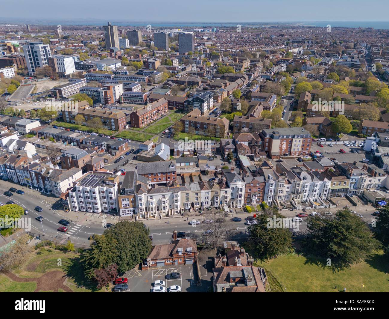 Aerial view of residential part of Southsea (PO5) close to the Ravelin Park campus of Portsmouth University, Hampshire, UK. Stock Photo