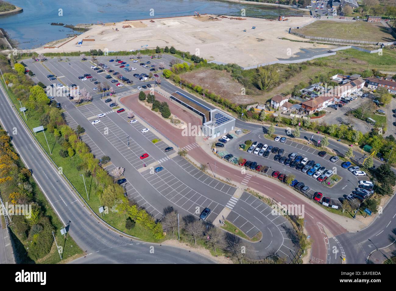Aerial view of the Park & Ride Portsmouth, Hampshire, UK. Stock Photo