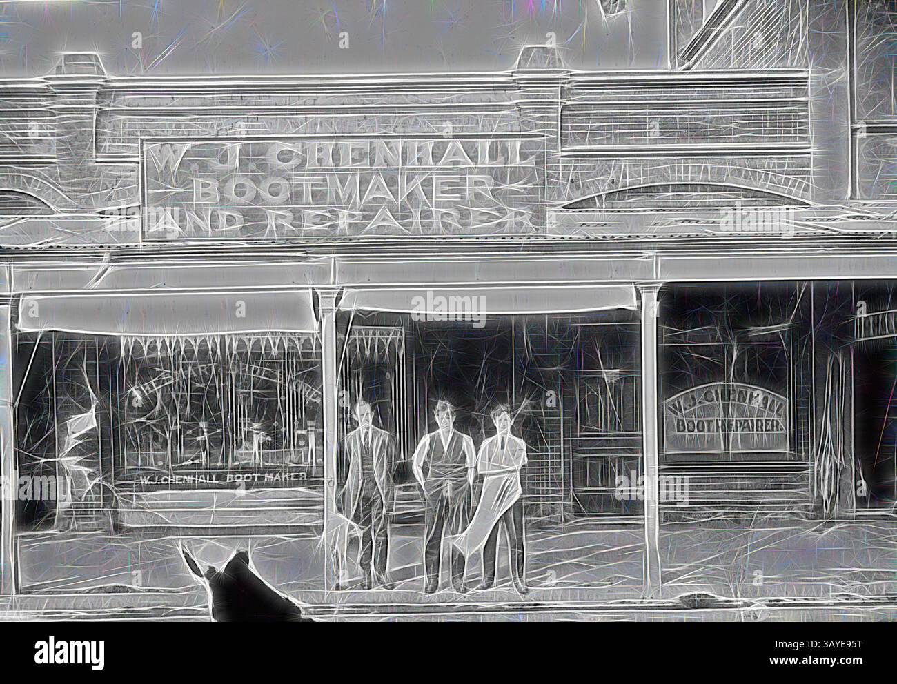 Quaint bootmakers storefront features three figures hi-res stock ...