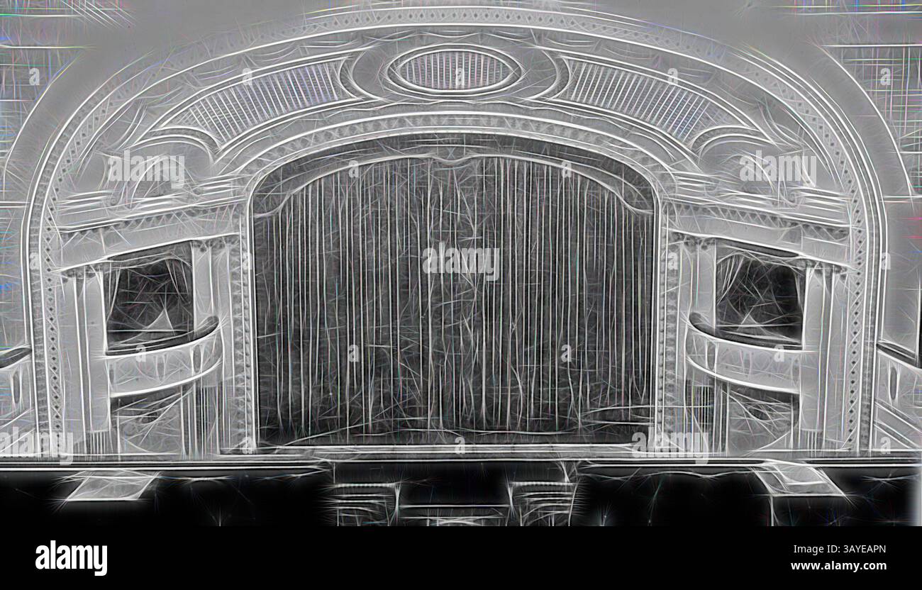 A grand theater stage features an ornate proscenium arch adorned with ...