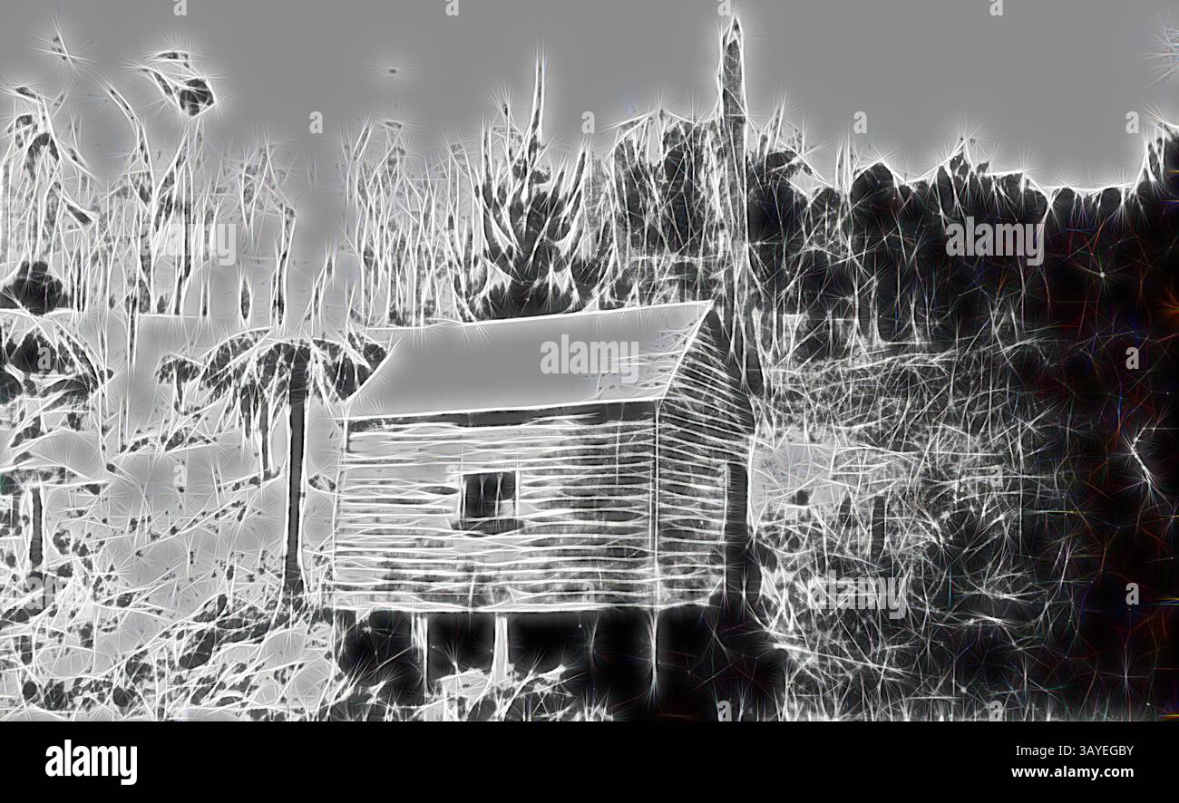 A rustic cabin stands against a backdrop of dense trees, surrounded by a serene, natural landscape. Its weathered wooden exterior blends harmoniously with the surrounding wilderness, creating a sense of tranquility and solitude., Negative - Mount Dandenong, Victoria, circa 1910, A bush hut at Mount Dandenong., Classic art with a modern twist reimagined by Artotop Stock Photo