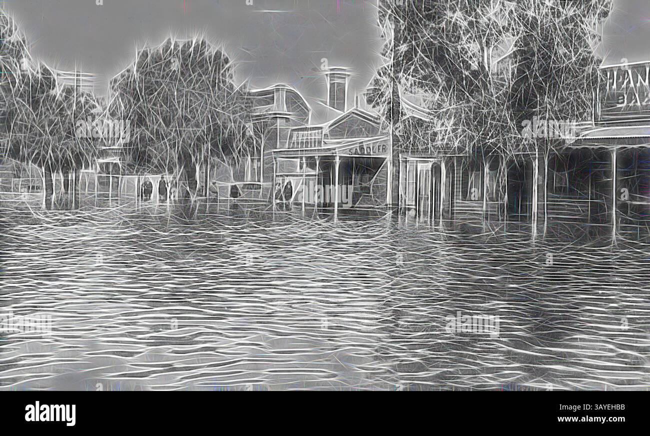 A scene depicting a flooded street, where buildings stand partially ...