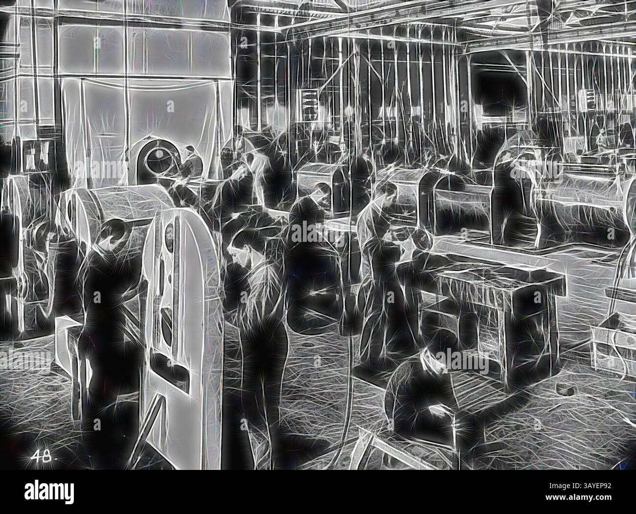 A bustling industrial workshop filled with workers engaged in various ...