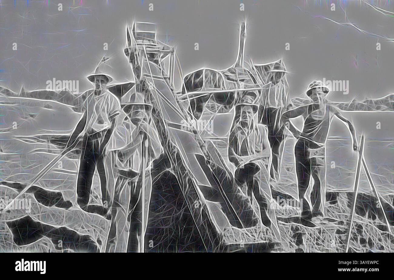 A group of laborers stands near a large structure used for harvesting ...