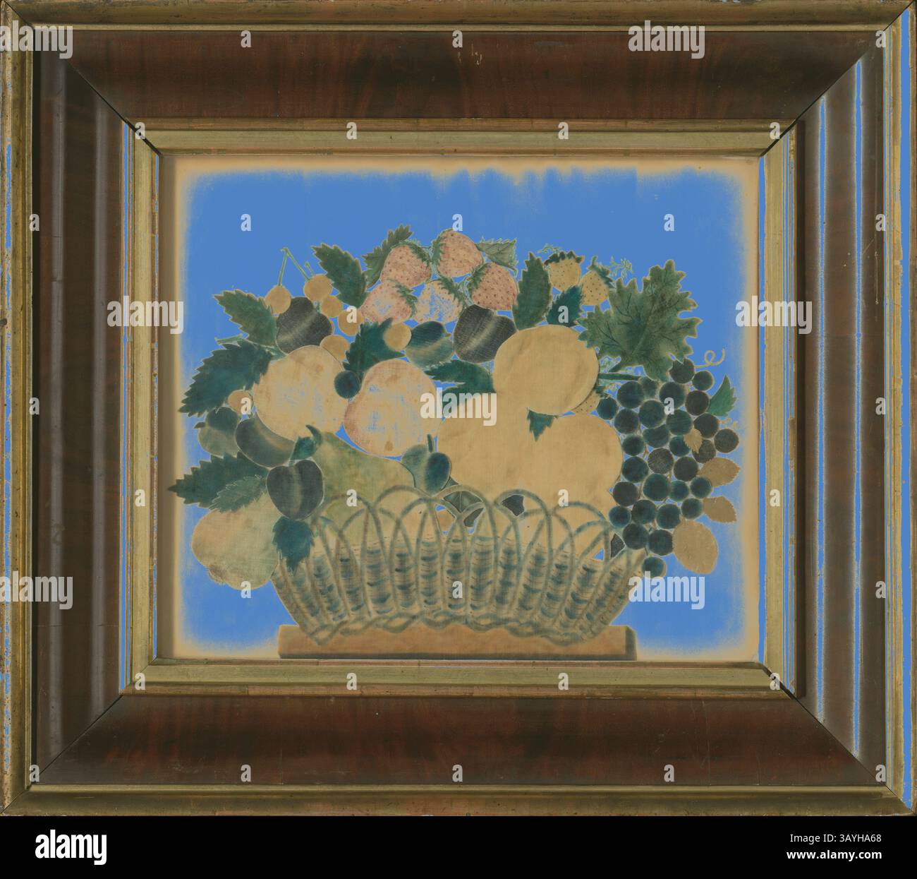 A decorative painting featuring an intricate basket filled with an assortment of fruits, including lemons, grapes, and berries, set against a soft blue background. The elegant frame complements the vibrant colors of the still life arrangement. Picture, 1810/30, United States, Painted paper, applied stenciled and embossed cotton 'velvet' and paper, 59.2 x 65.6 cm (23 5/16 x 25 7/8 in.) [dims. of frame]  Classic art with a modern twist reimagined by Artotop Stock Photo