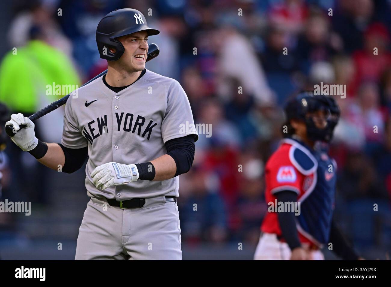New York Yankees' Ben Rice walks to the dugout after striking out
