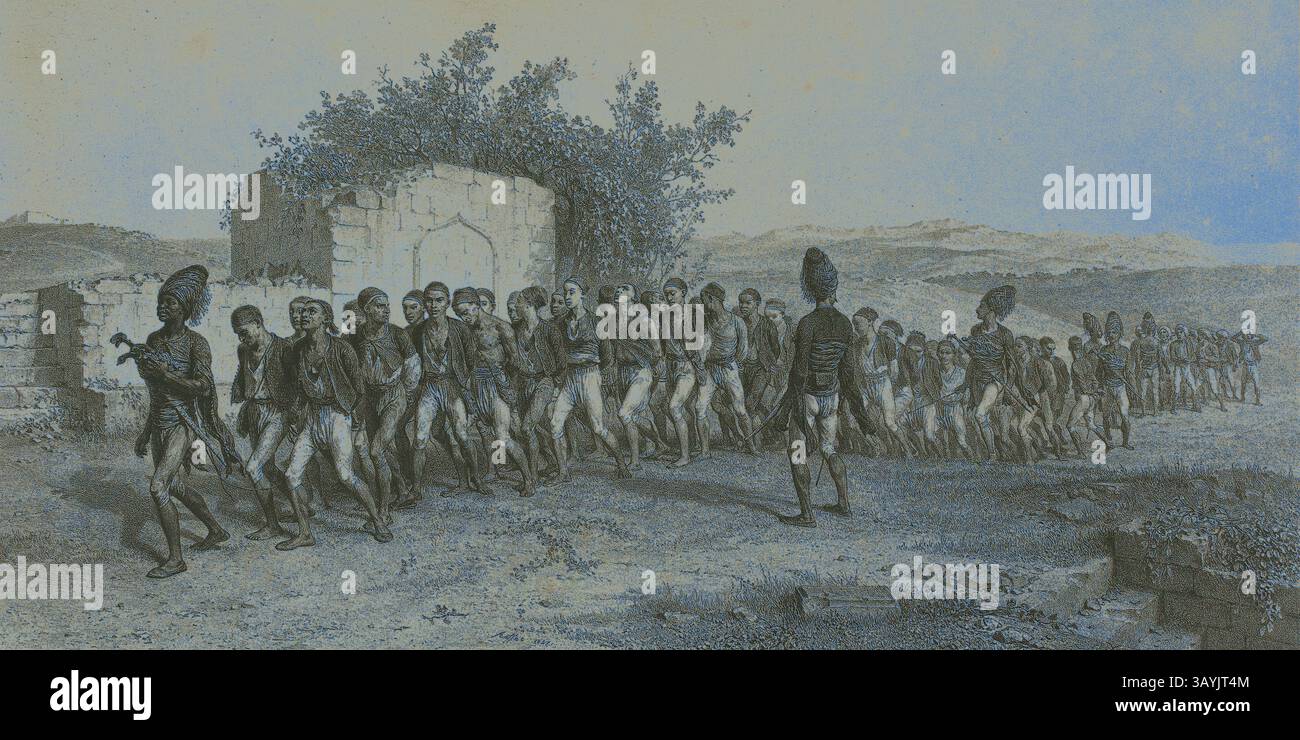 A group of individuals is depicted in a procession, marching steadily along a path, with an ancient structure partially visible in the background. The scene conveys a sense of solemnity, highlighting the attire and expressions of the figures as they move together through a rugged landscape. Turkish Recruits Near Smyrna, November 10, 1837, 1847, Denis Auguste Marie Raffet (French, 1804-1860), printed by Auguste Bry (French, 19th century), published by Chez Gihaut Frères (French, 19th century), France, Lithograph in black on ivory chine laid down on buff wove paper laid down on ivory card, 213 Stock Photo