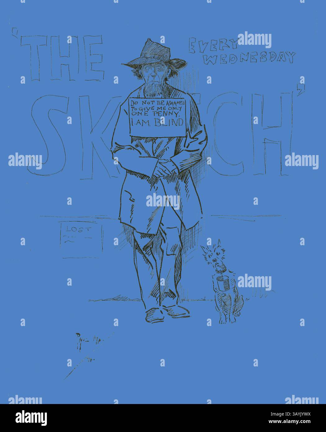 An elderly man in a wide-brimmed hat stands holding a sign that reads, 'Do not be alarmed, just a penny. I am blind.' Beside him, a small dog looks up curiously. The background features bold lettering for 'THE SKETCH,' adding a whimsical touch to the scene. Blind Beggar and Dog, 1894, Philipp William May, English, 1864-1903, England, Pen and black ink with blue pencil, over traces of graphite, on buff wove card, 278 × 223 mm  Classic art with a modern twist reimagined by Artotop Stock Photo