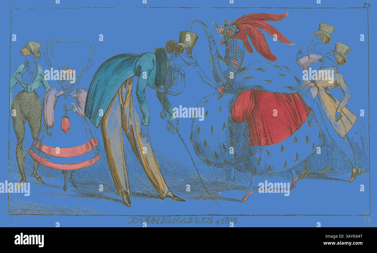 A whimsical fashion scene from 1813 showcases elegantly dressed individuals, including a gentleman in a top hat and a lady adorned in a lavish, feathered gown. Their extravagant attire features intricate details, emphasizing the lavish styles of the era. The vibrant colors and playful poses highlight the charm and creativity of historical fashion. Fashionables of 1818, 1818, George Cruikshank, English, 1792-1878, England, Hand-colored etching on paper, 200 × 345 mm (image), 213 × 357 mm (sheet)  Classic art with a modern twist reimagined by Artotop Stock Photo