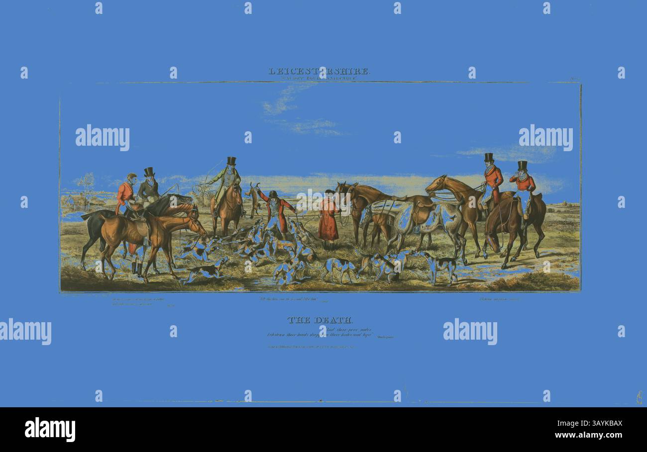 A lively hunting scene features riders on horseback dressed in ...