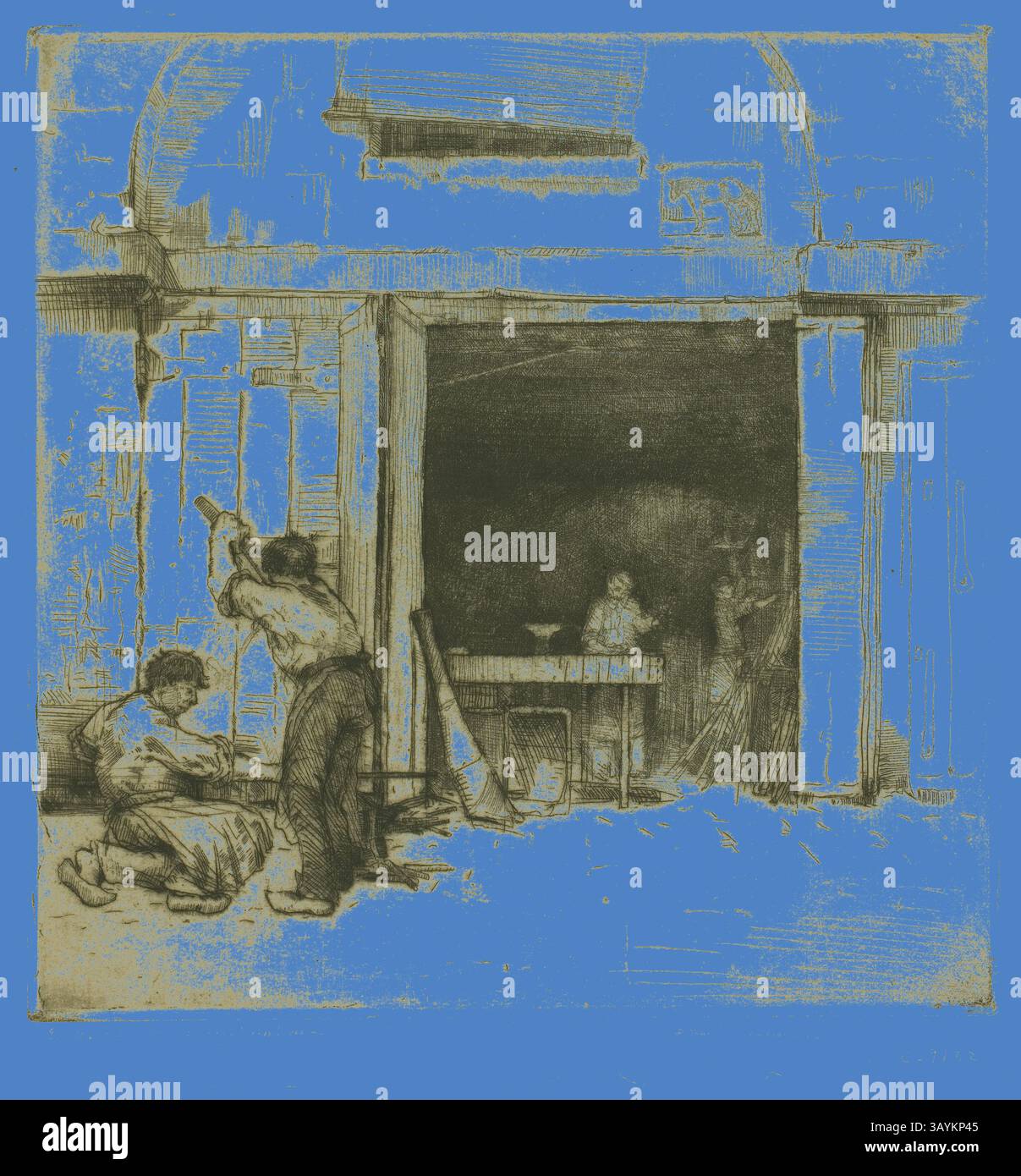 A bustling scene captures workers engaged in various tasks, with one ...