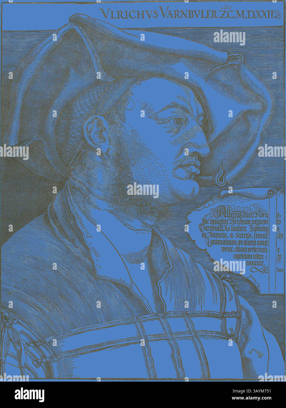 A stern-looking individual wears a distinctive hat and attire, with a notable feature on his face that draws attention. The ornate text beside him adds a historical context to his identity, suggesting a figure of significance from the past. Portrait of Ulrich Varnbüler, 1522, Albrecht Dürer, German, 1471-1528, Germany, Woodcut in black on ivory laid paper, 433 x 327 mm  Classic art with a modern twist reimagined by Artotop Stock Photo