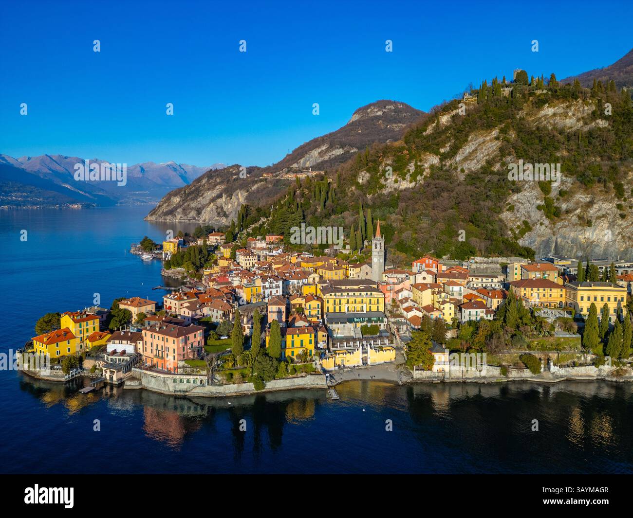 Panorama view of Varenna town situated at lake Como in Italy.IMAGE Stock Photo