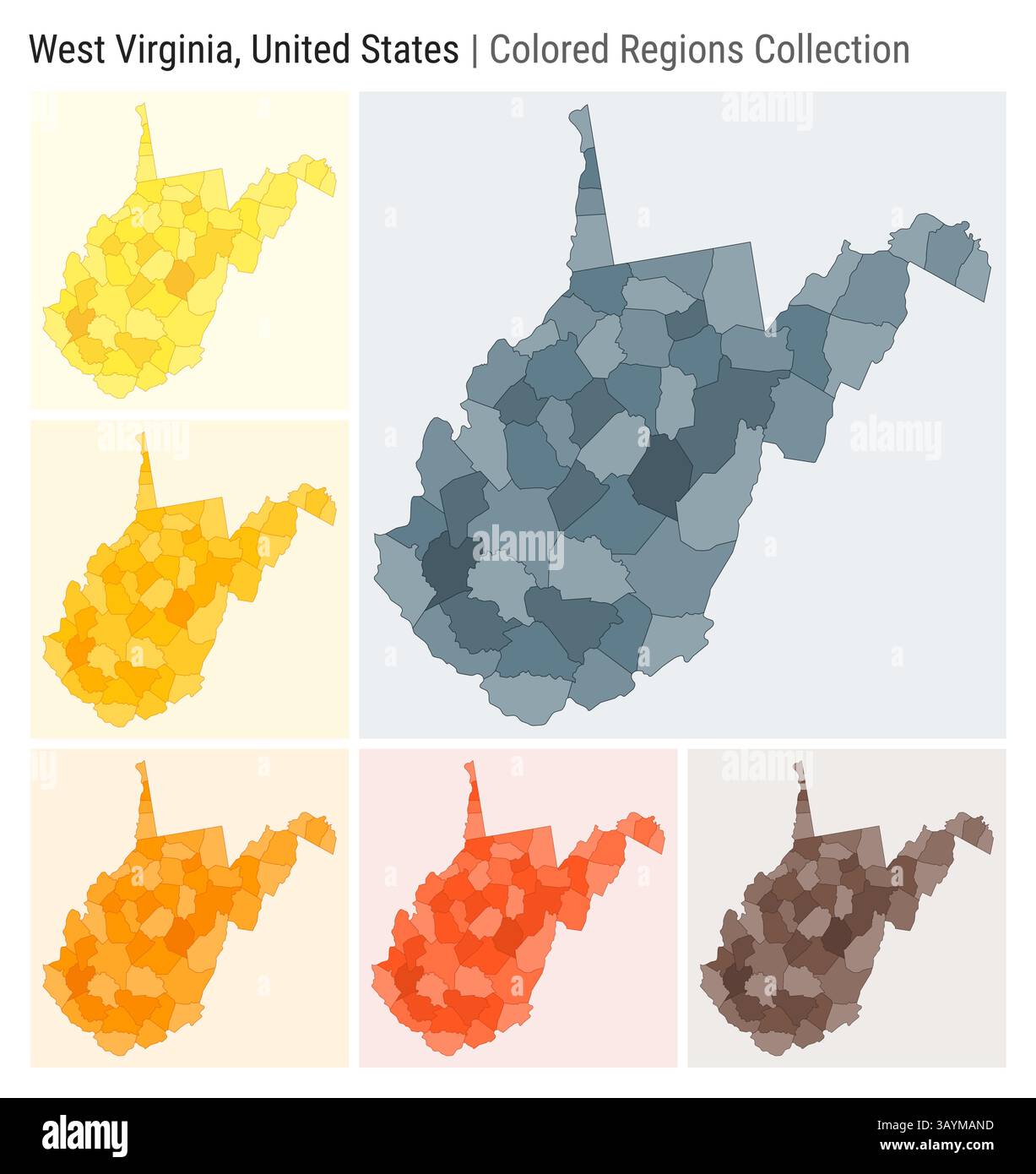 West Virginia, United States. Map collection. State shape. Colored ...