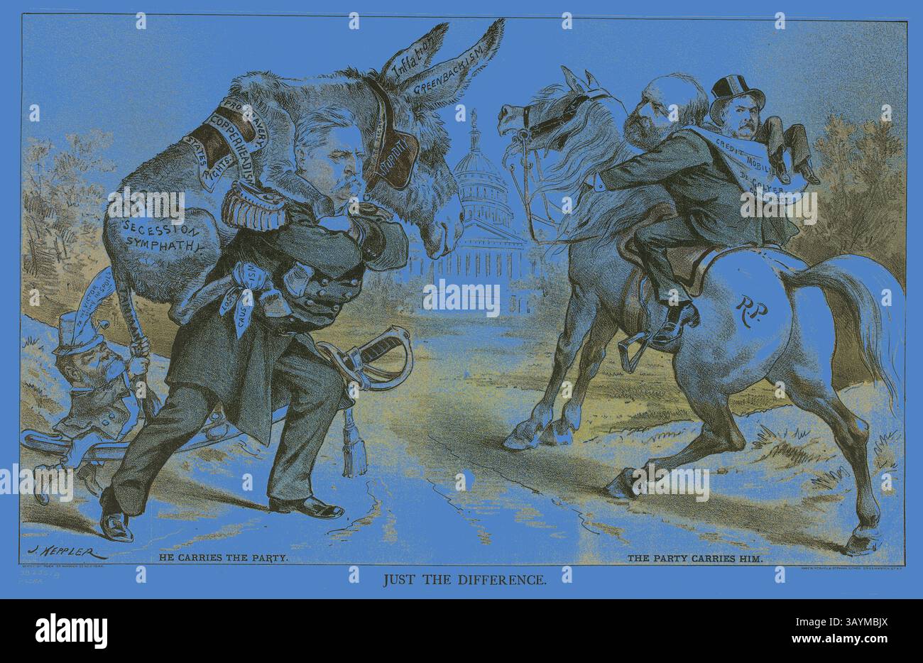 A satirical depiction of political rivalry, showing a donkey embodying ...