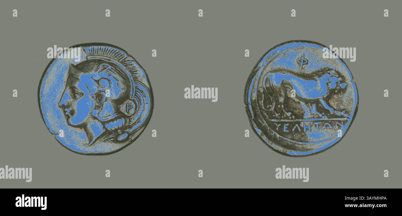 Two ancient coins are displayed side by side. The left coin features a ...