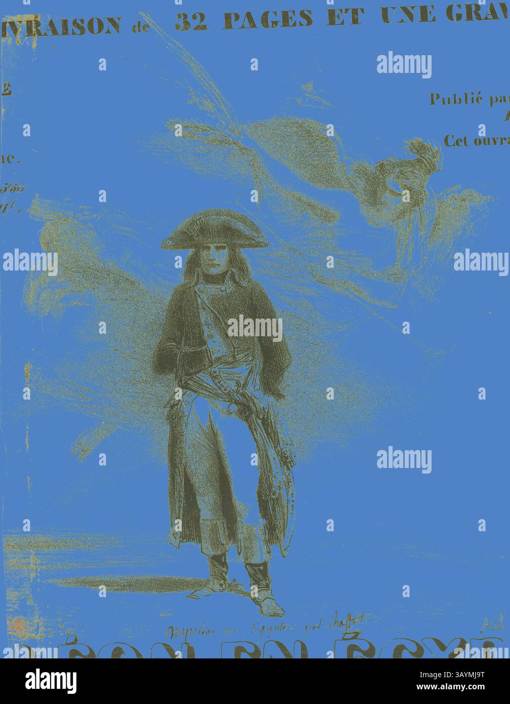 An illustration of a historical figure dressed in an 18th-century military uniform, complete with a hat. The background is filled with a bold, vibrant blue, enhancing the dramatic elements of the scene. The text includes references to a publication, suggesting an artistic or literary context. Napoleon in Egypt, 1835, Denis Auguste Marie Raffet, French, 1804-1860, France, Lithograph in black on yellow wove paper hinged on four sides to a cream board, 280 × 225 mm (image), 291 × 227 mm (primary support), 356 × 266 mm (secondary support)  Classic art with a modern twist reimagined by Artotop Stock Photo