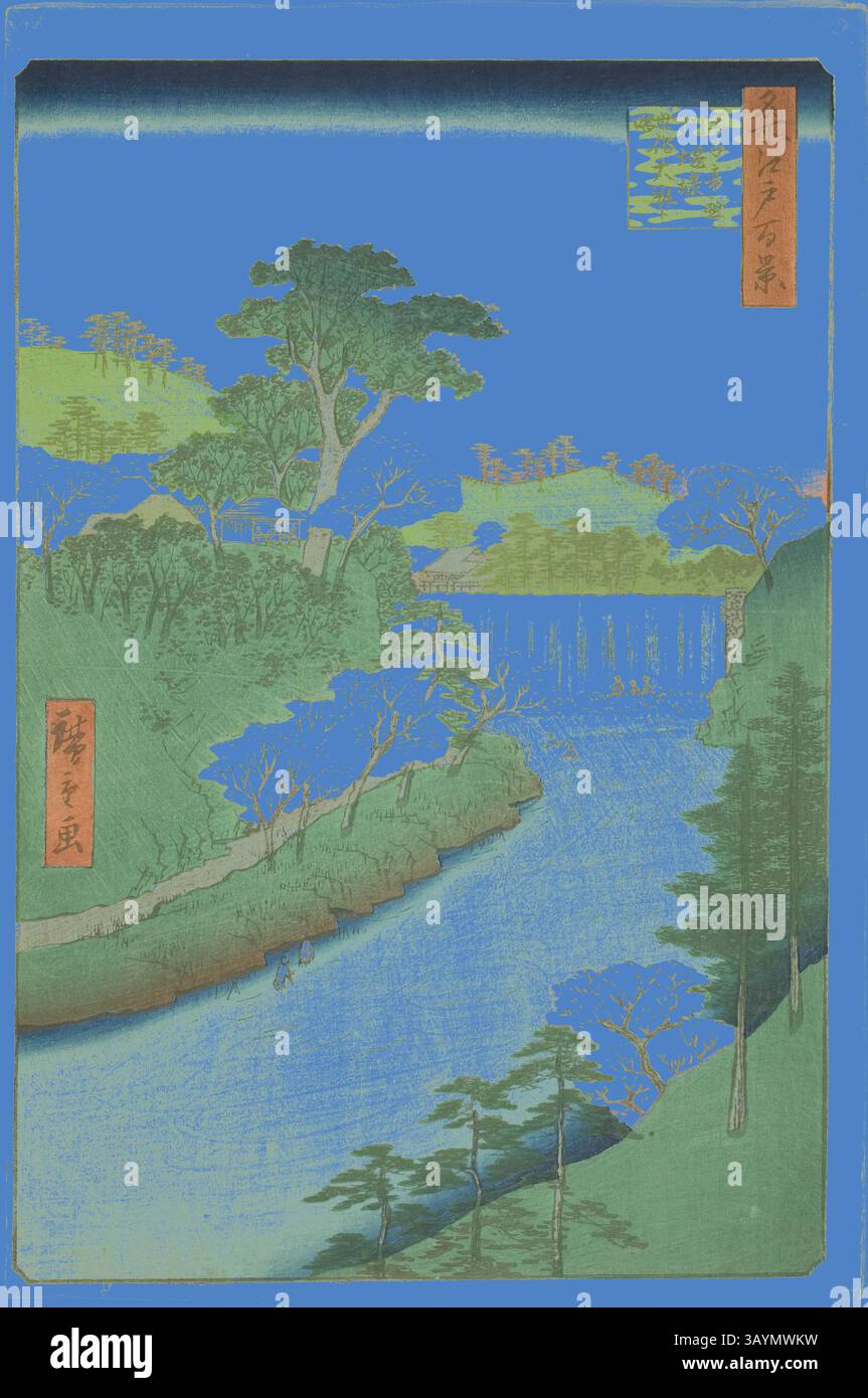 A serene riverscape featuring a winding river surrounded by lush trees ...