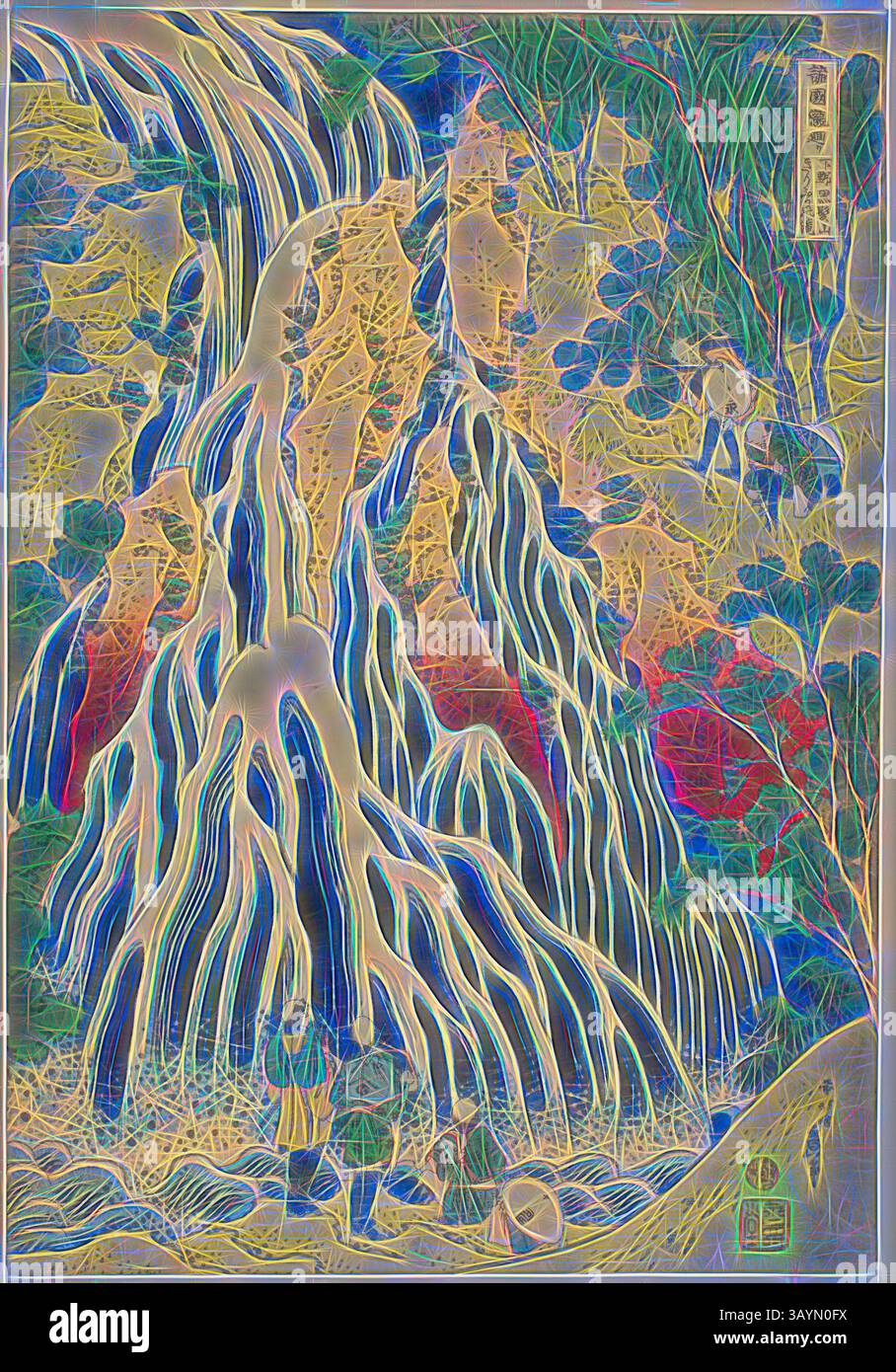 A vibrant, abstract representation of cascading waterfalls surrounded ...