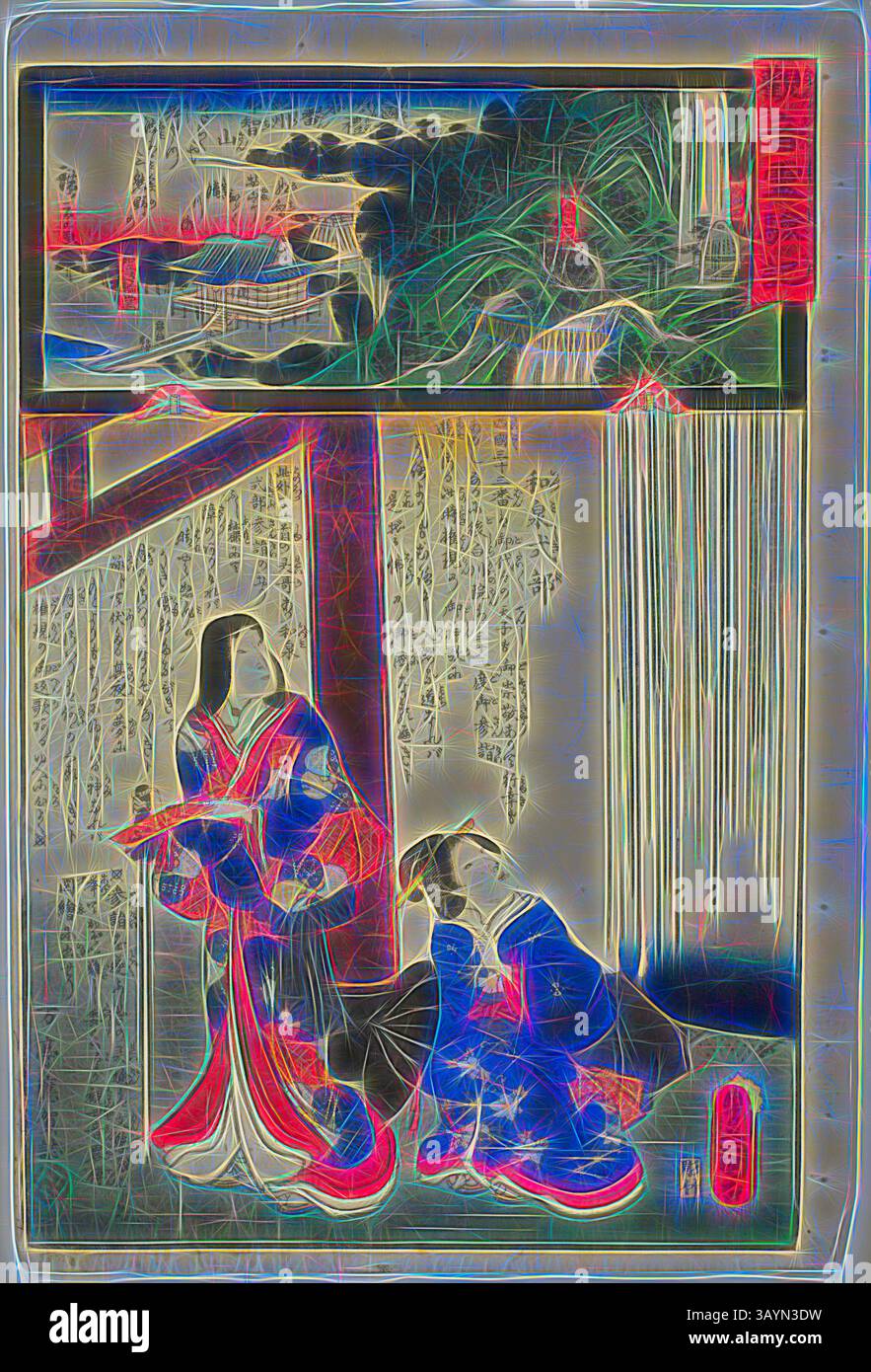 A serene scene depicting two figures in traditional attire, surrounded by flowing water and lush scenery. The vibrant details highlight the elegance of their garments and the tranquil atmosphere, inviting a sense of peace and cultural richness. Mount Nachi in Kii Province, No. 1 on the Saikoku Pilgrimage Route (Saikoku junrei ichiban Kishu Nachisan), from the series The Miracles of Kannon (Kannon reigenki), 1858, Utagawa Kunisada I (Toyokuni III), Japanese, 1786-1864, Utagawa Hiroshige II (Shigenobu), Japanese, 1826–1869, Japan, Color woodblock print, oban  Classic art with a modern twist Stock Photo