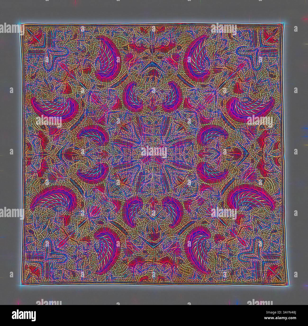 A vibrant, intricate pattern featuring swirling shapes and geometric ...