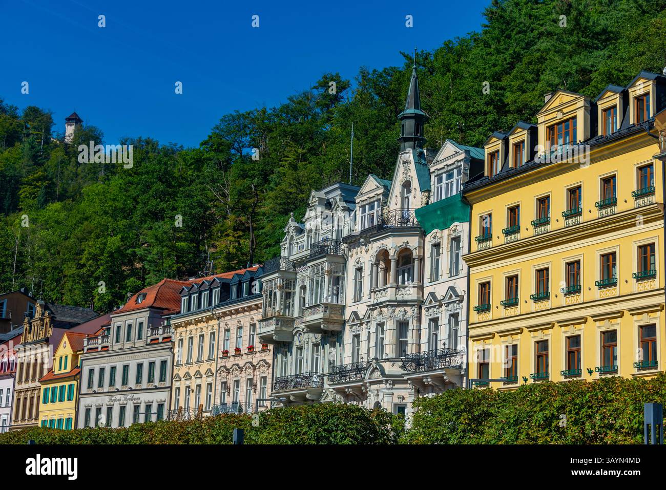 Colourful houses at Karlovy Vary promenade, Czech republic.IMAGE Stock Photo