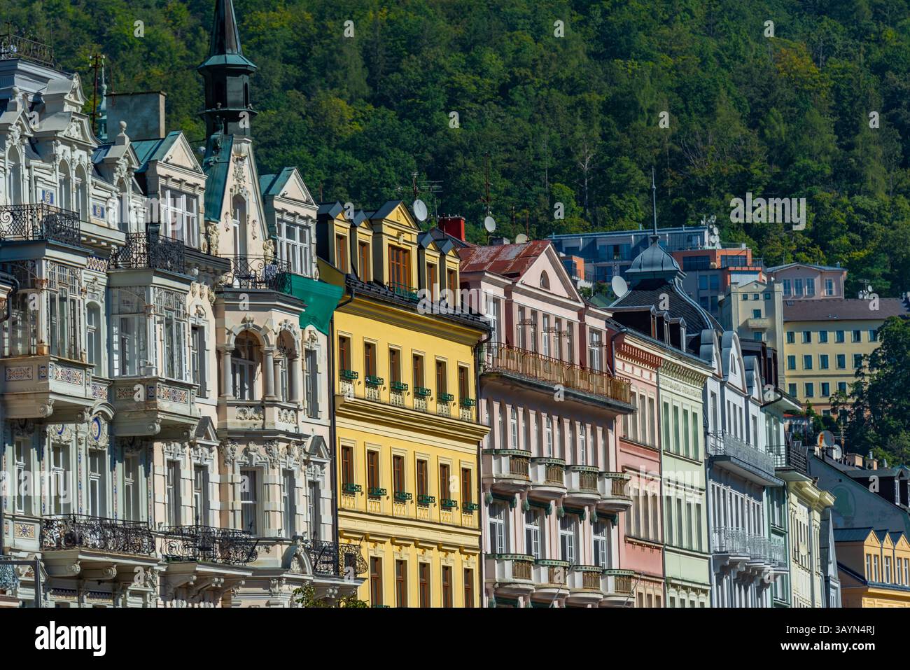 Colourful houses at Karlovy Vary promenade, Czech republic.IMAGE Stock Photo