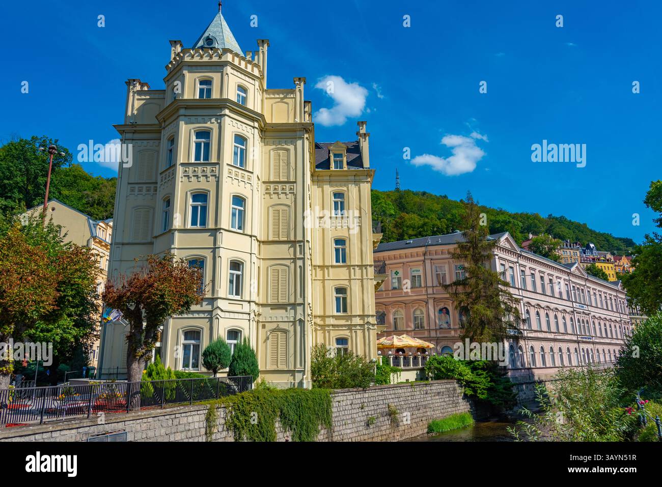 Colourful houses at Karlovy Vary promenade, Czech republic.IMAGE Stock Photo